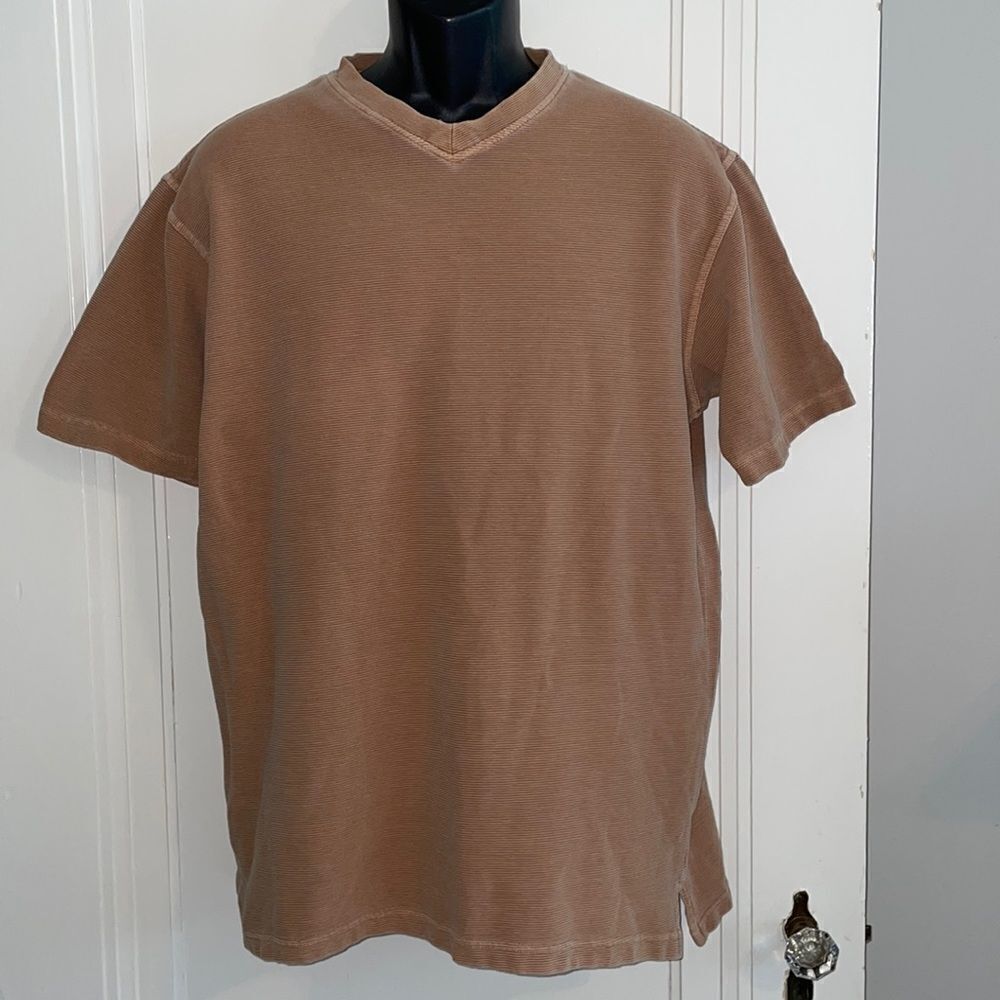 Consensus tan cotton horizontal ribbed V neck short sleeve T-shirt